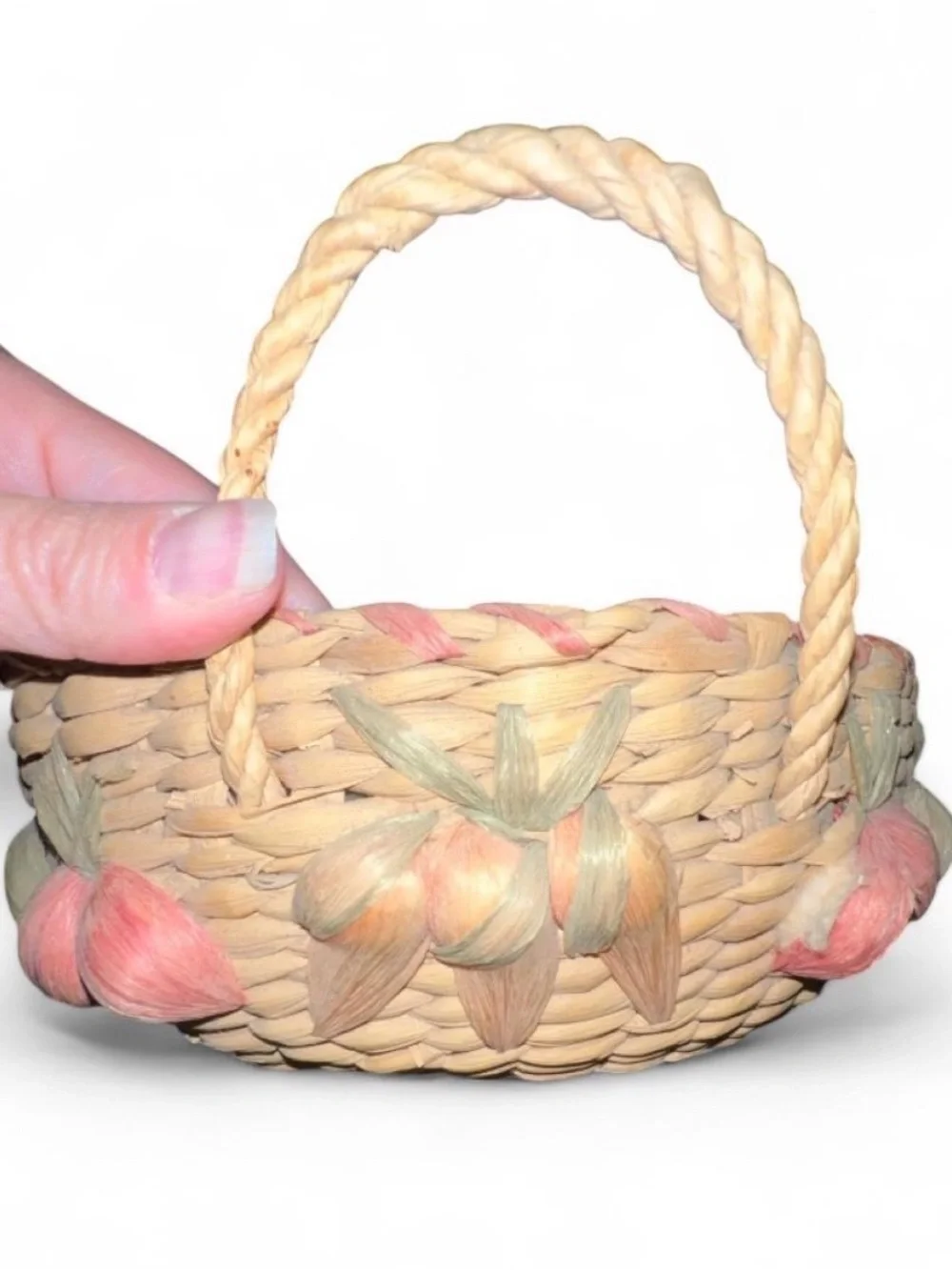 Vintage 70s Handwoven Straw Raffia Flower Accent Basket